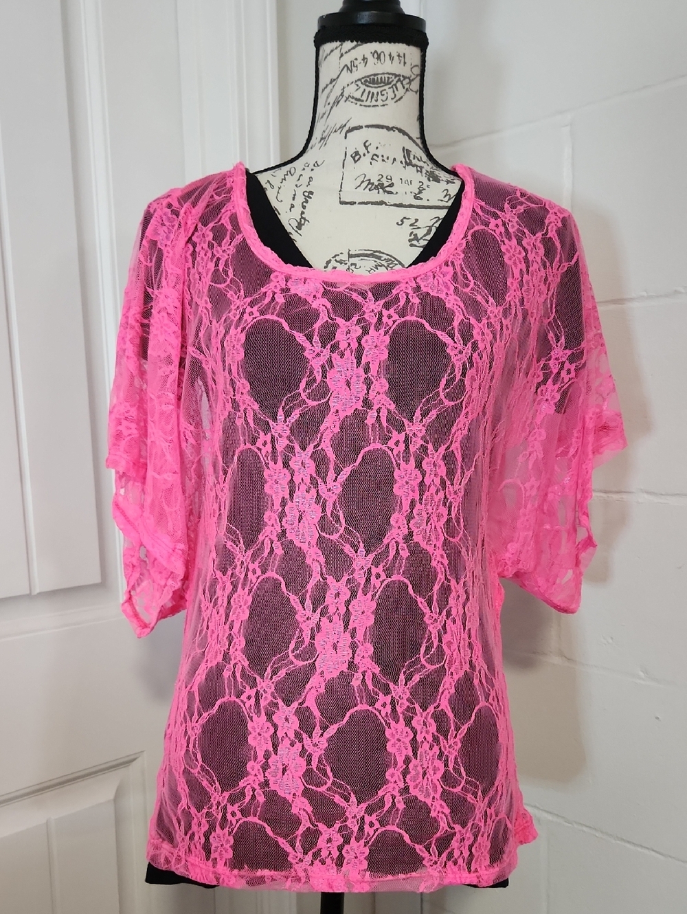 Retro Deb Neon Pink Lace Overlay Top Size Large